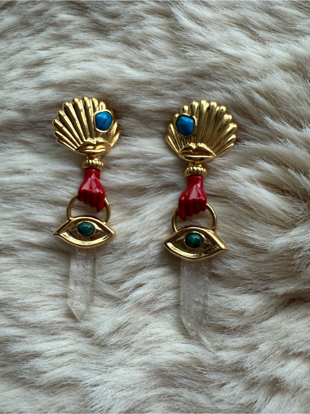 Gold Shell Drop Earrings with Red Hand & Blue and Green Stone Accents